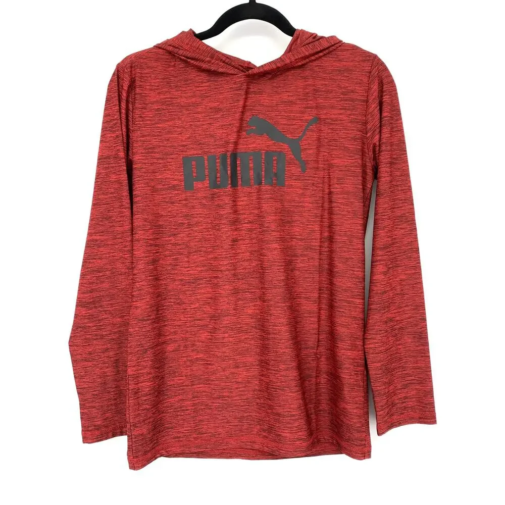 Puma Long Sleeve Hoodie T-Shirt Boys Size L 14/16 Red Heather Black Logo